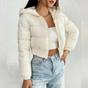 PETITE Zip Up Hooded Puffer White Coat